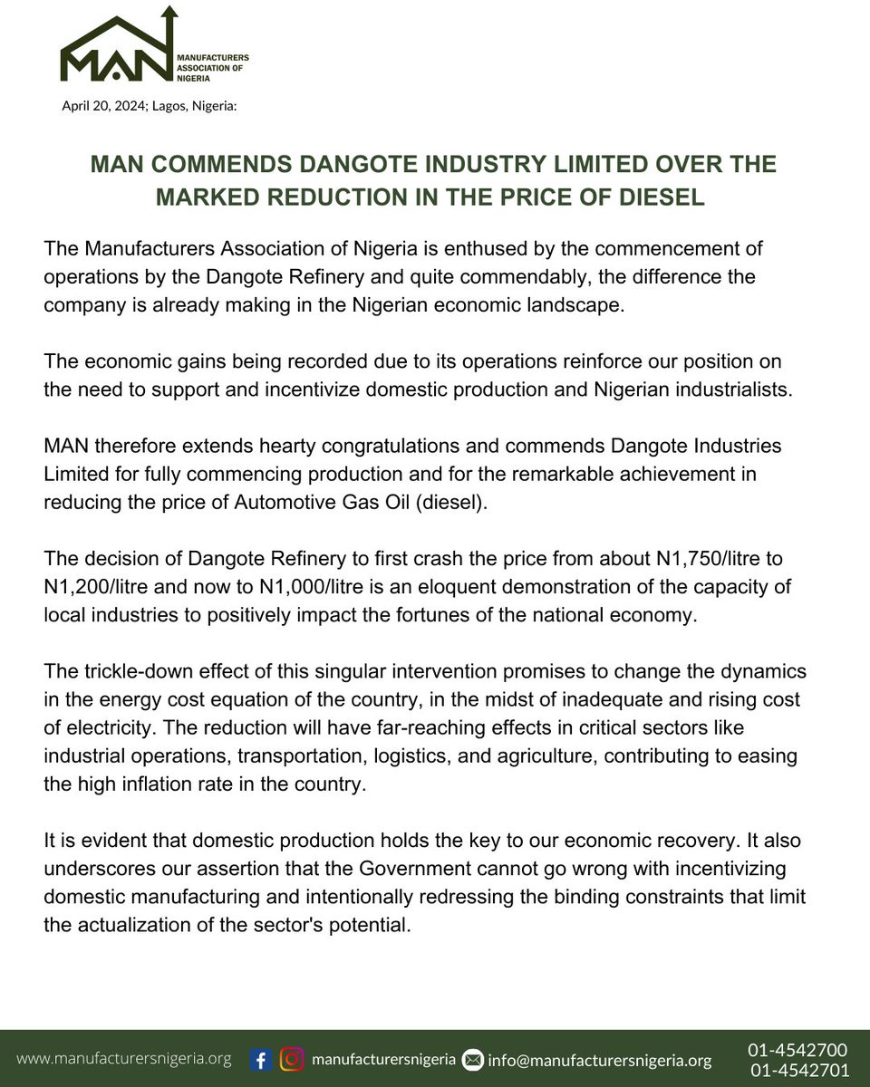 MAN COMMENDS DANGOTE INDUSTRY LIMITED OVER THE MARKED REDUCTION IN THE PRICE OF DIESEL #Dangote #Industrialdevelopment #MANadvocacy #MAN #Supportlocalindustry #Nigeriaindustrialdevelopment #Nigeriaindustry