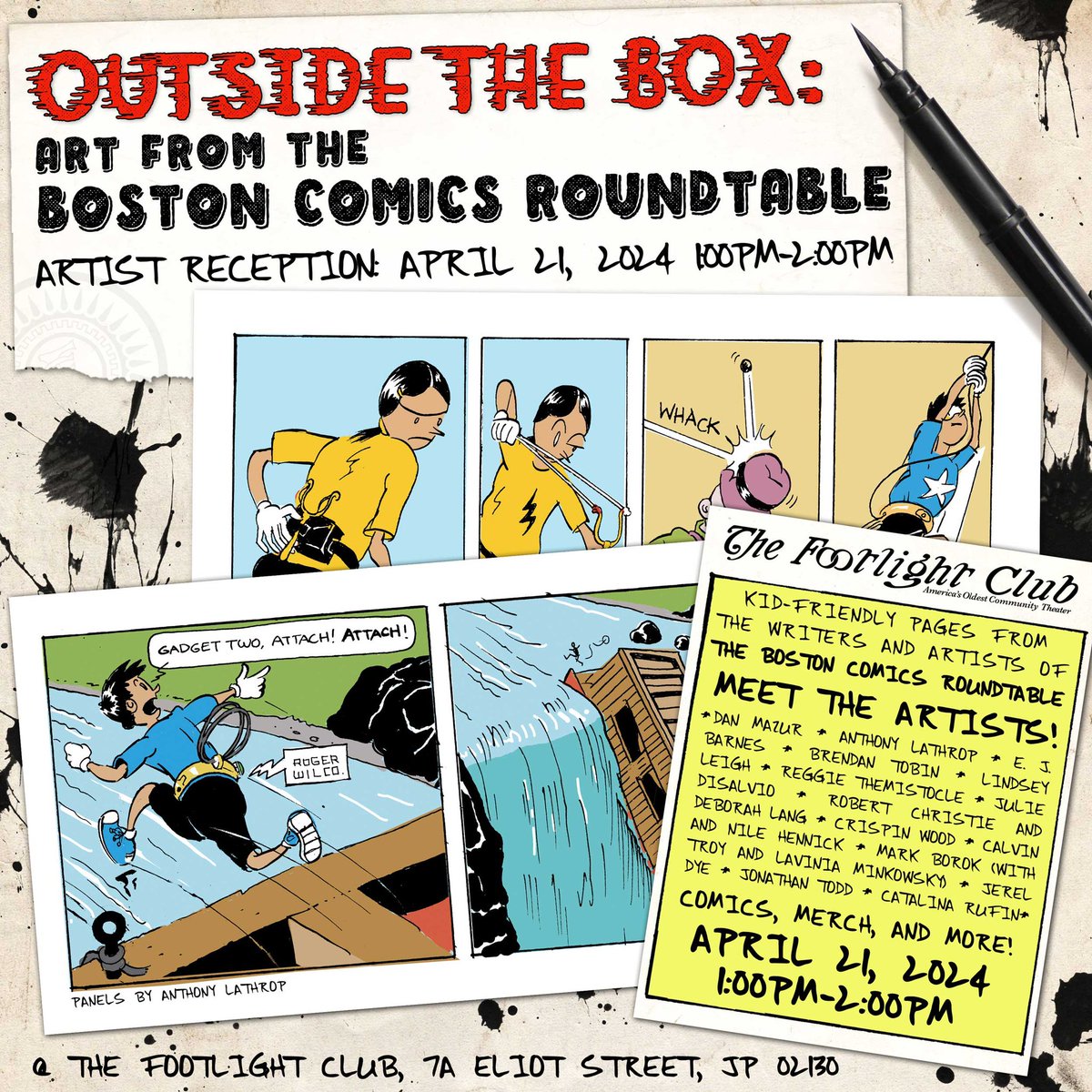 mckeephoto's tweet photo. Hey Comics lovers! Sunday, from 1-2pm, the @BostonComics crew are gathering at @FootlightClub with art, books, swag and snacks. Come on by and meet these fantastic artists. And, immediately after, check out Tuck Everlasting on the main stage. https://t.co/SLMQphNQmm
