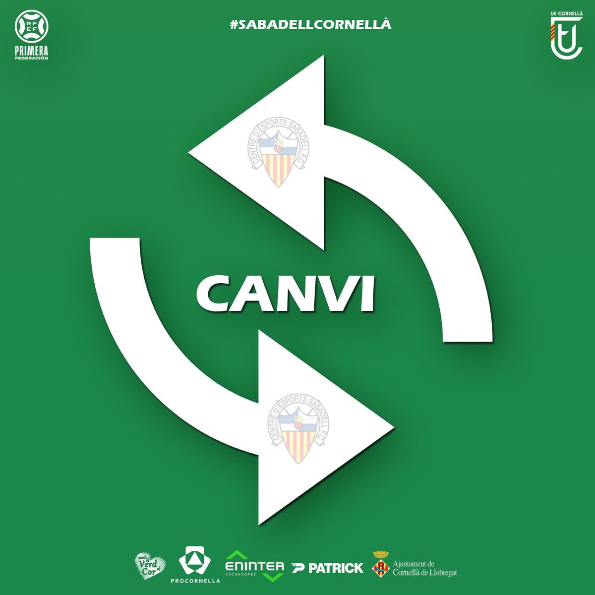 ⏱️ 71’ | 1️⃣-1️⃣ | 🔄 Doble canvi al @CESabadell: ➡️ Toni Herrero ➡️ Marc Marruecos ⬅️ Ricard Pujol ⬅️ David Soto #SabadellCornellà 🟢