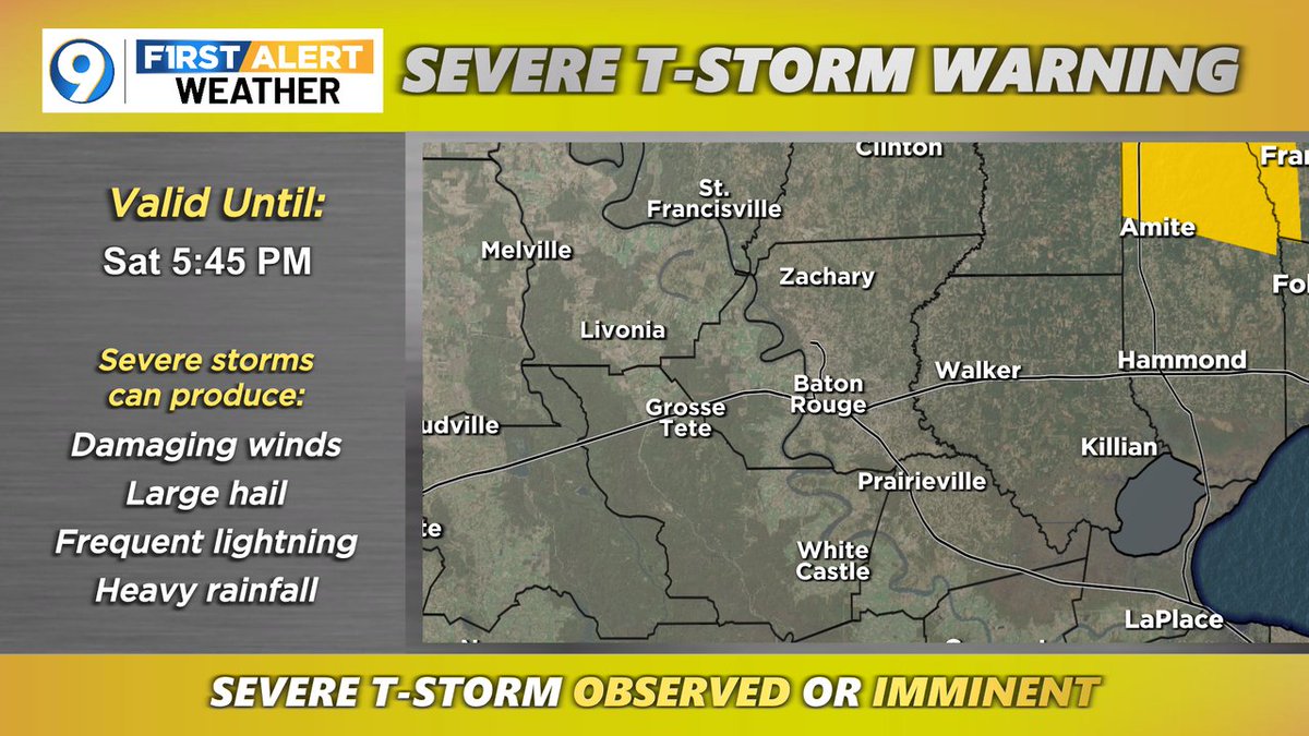 A SEVERE T-STORM WARNING has been issued for the areas in yellow. Seek shelter indoors until the storms pass. More >> wafb.com/weather?utm_me… #LAwx