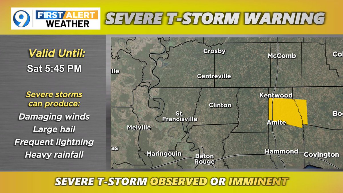 A SEVERE T-STORM WARNING has been issued for the areas in yellow. Seek shelter indoors until the storms pass. More >> wafb.com/weather?utm_me… #LAwx