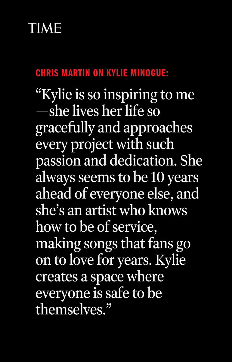 kylieminogue is one of TIME's 100 most influential people of 2024. Read  Chris Martin's tribute: https://t.co/IZYe2J07zm, image size:771x1200
