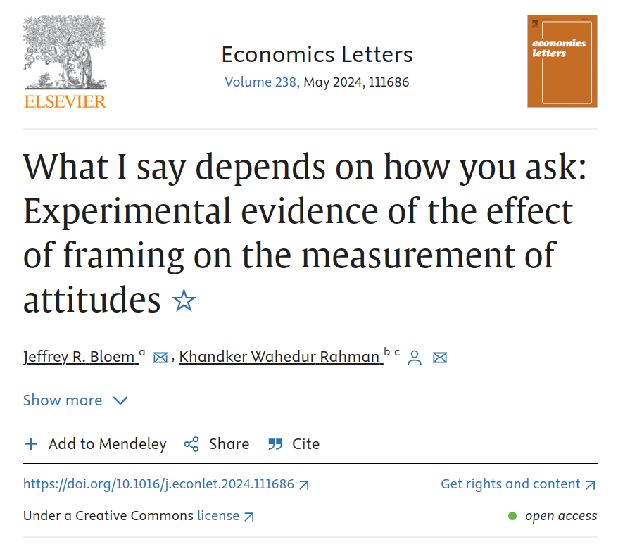 Statement framing can lead to meaningful bias in estimated relationships.

This recent study by <a href="/JeffBloem/">Jeffrey Bloem</a> and <a href="/kwrahman/">Khandker Wahedur Rahman [Wahed]</a> uses a survey experiment to document the presence of framing effects in the measurement of attitudes:

doi.org/10.1016/j.econ…

<a href="/CGIAR/">CGIAR</a> #SurveyDesign