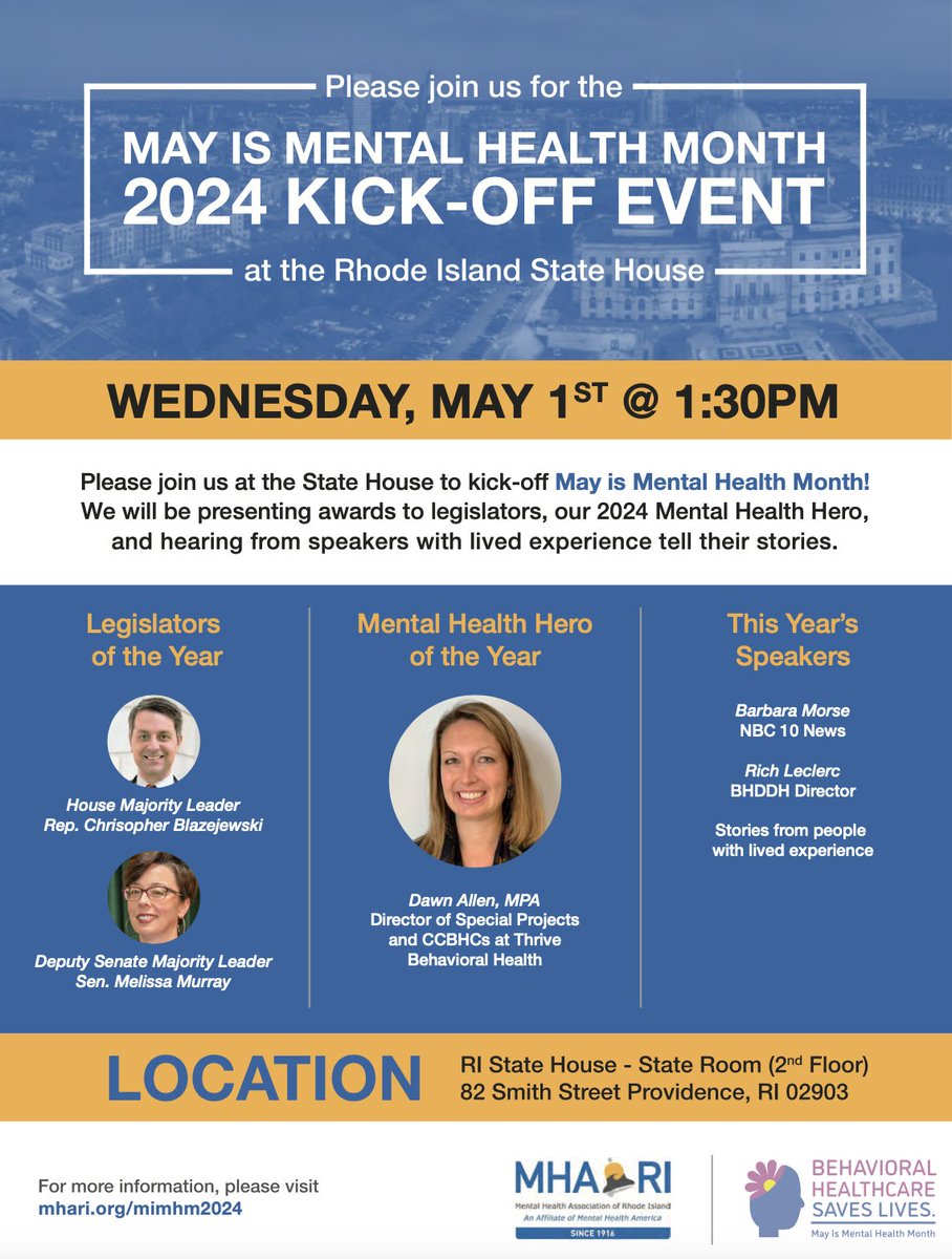 May is Mental Health Month.  Mental Health Assoc of RI will have events in May - all starts w/kickoff at RI State House.  Barbara Morse, emcee.  

#MentalHealthMonth @NBC10_Barbara @MHA_of_RI 
@CBlazejewski @MelissaMurrayRI @ThriveBHRI @RIBHDDH RINewsToday proud sponsor