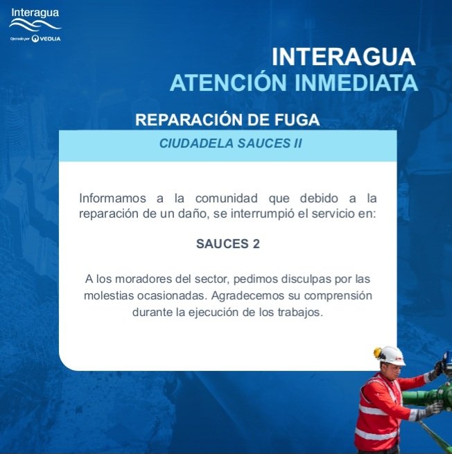 #InteraguaInforma trabajos urgentes para la reparación de una fuga ubicada en #CiudadelaSaucesII Técnicos y contratistas trabajan oportunamente para el restablecimiento del servicio. Mantente informado en nuestras redes sociales.