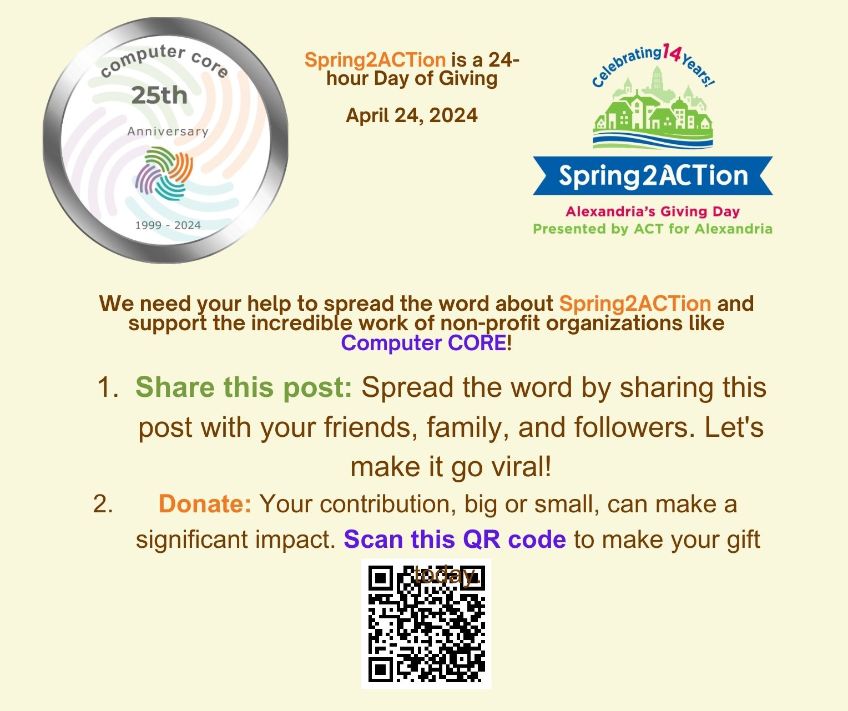 Donate: Your contribution, big or small, can make a significant impact. Scan this QR code to make your gift today. #S2A #Spring2ACTion #Alexandria #digitalinclusion #digitalequity #ALXCommunity #fpc