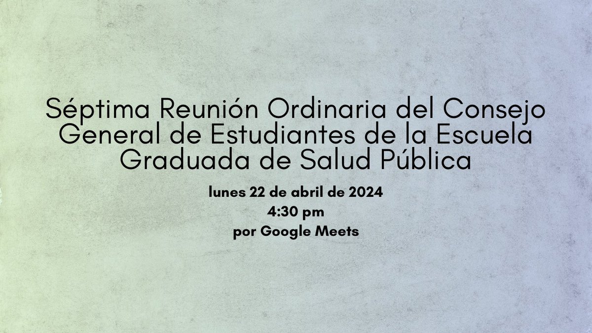 Acompañanos este próximo lunes 22 de abril a nuestra séptima reunión ordinaria. Esta se hará disponible a todo el estudiantado mediante la plataforma de Google Meets. 
Adjunto enlace 
meet.google.com/ttr-ubcc-gxm