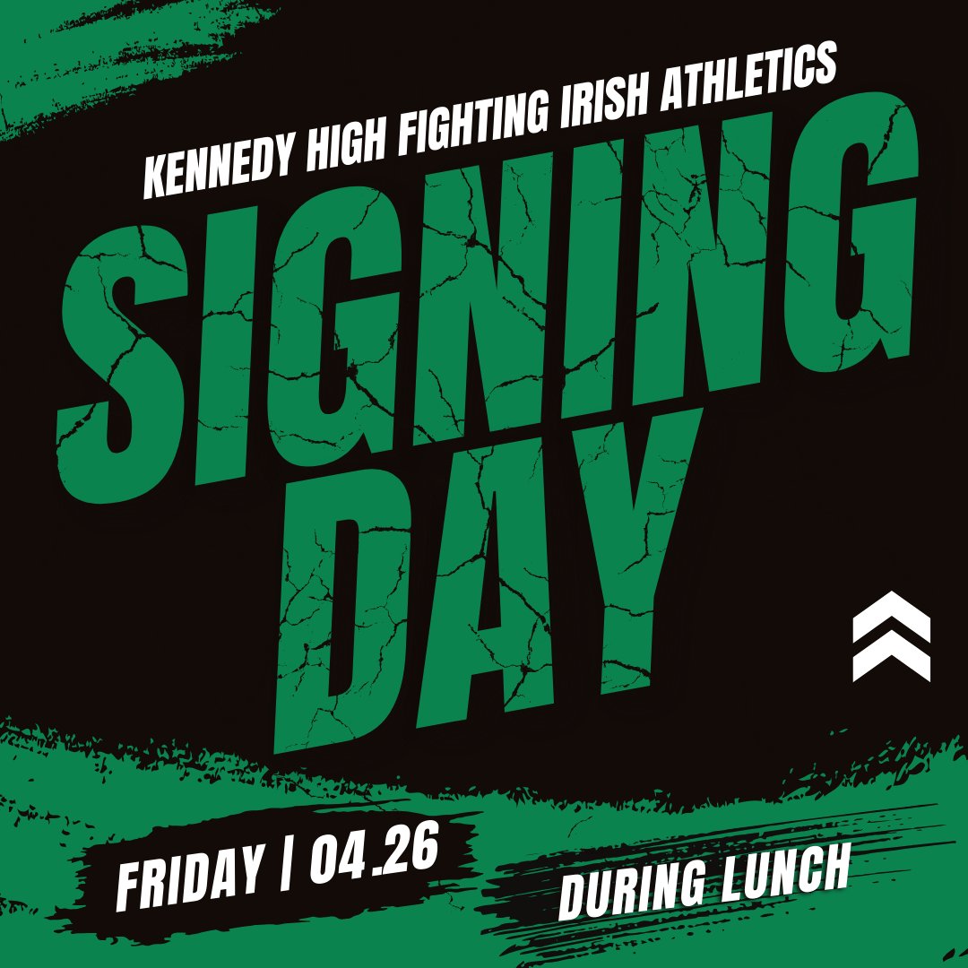 Hey, Irish! Kennedy Athletics will be hosting a College Signing Day event on Friday, April 26 on the stage during lunch. Come out and show your support for our Fighting Irish athletes! #KHigh4Life #EngageEducateEmpower #KHighAthletics @khighathletics