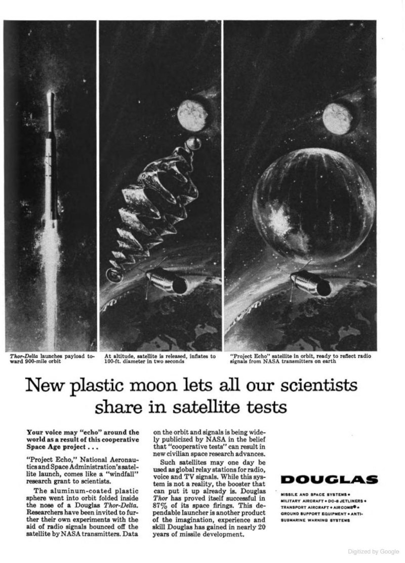 Project Echo was the first passive communications satellite experiment. It used huge metalized Mylar balloon satellites acting as passive reflectors of microwave signals.

🔗 en.wikipedia.org/wiki/Project_E…

(same source)