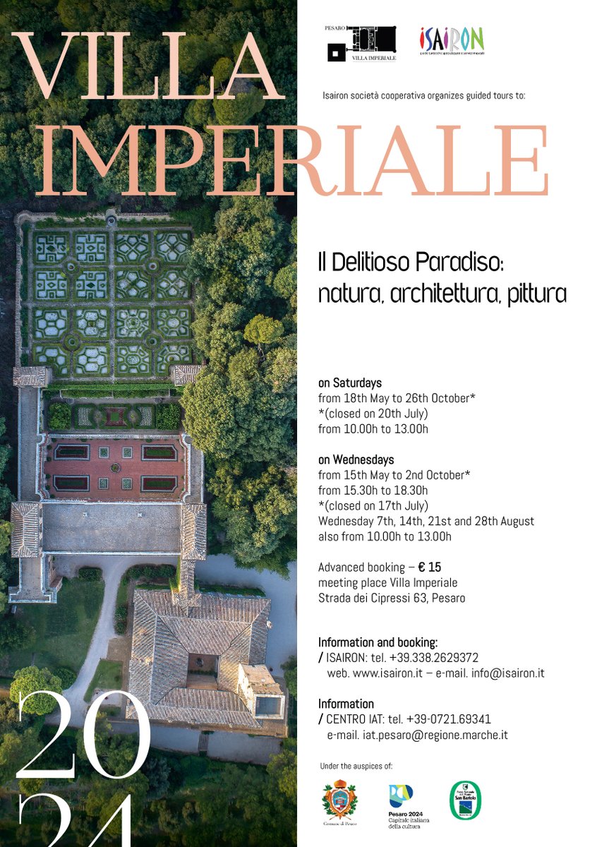 Guided tours to Villa Imperiale in Pesaro 2024 
DATES AND OPENING HOURS
isairon.it/guided-tours-t…
#Pesaro2024 #ParcoSanBartolo