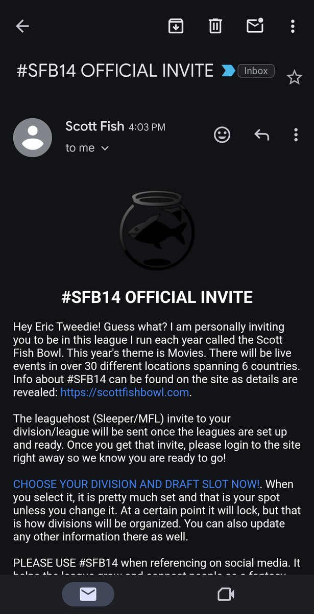 EricTweedie's tweet photo. Scott Fish bowl 14 offical Invite
   See you in Boston #SFB14 @ScottFish24 https://t.co/bEpiBEHM9t