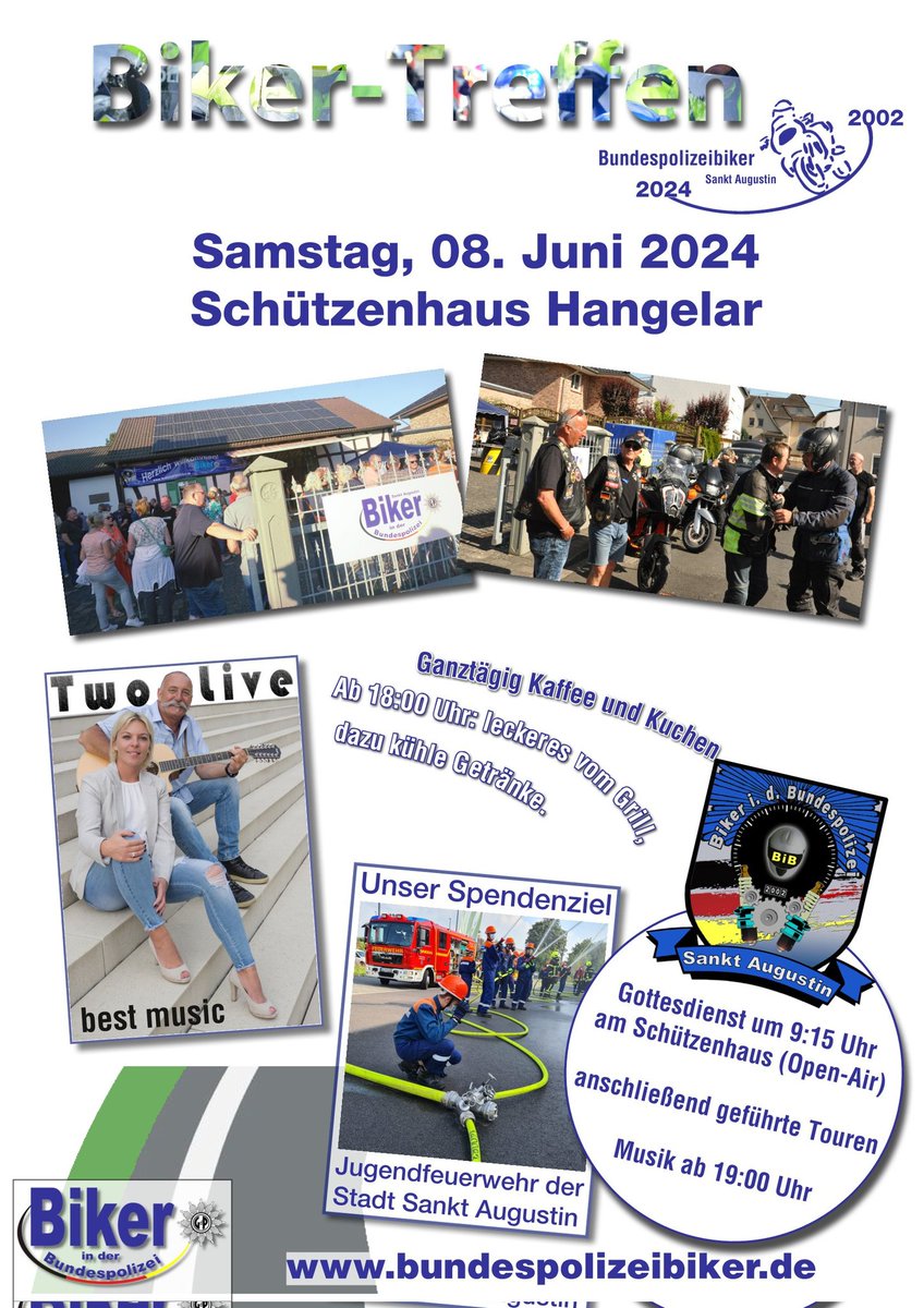 Bundespolizeibiker Treffen und Event in Hangelar am 8.6. mit geführten Touren und Abends Livemusik. Programm unter bundespolizeibiker.de