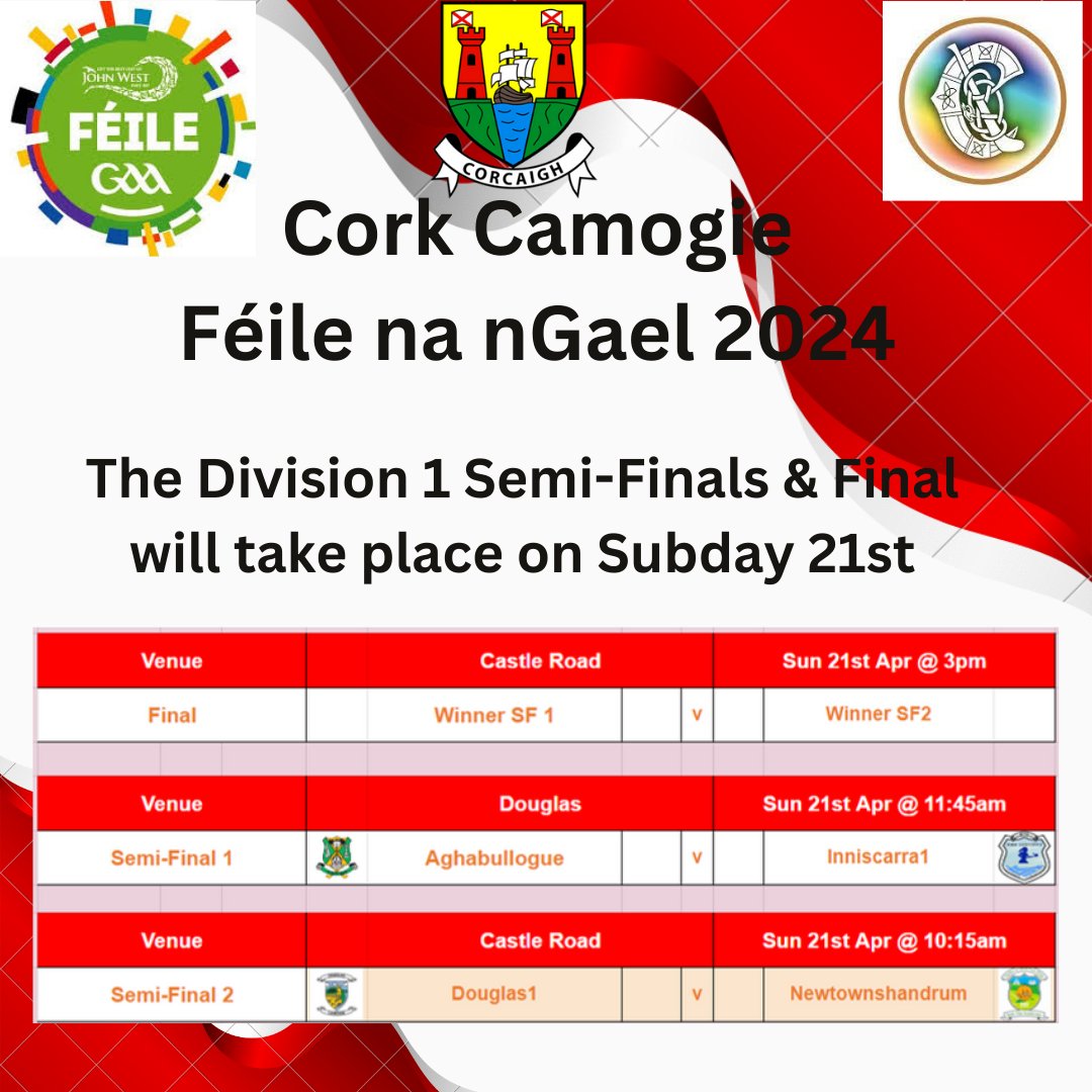 Best of luck to @aghabulloguegaa @Scarra_Camogie @DouglasGAAClub @Newtowncamogie in the Cork Camogie Feile na nGael Division 1 Semi-Finals and final tomorrow.