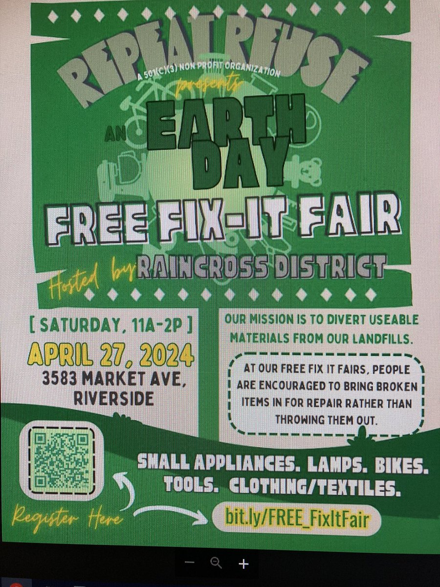rongonz's tweet image. Free Fix-it Fair will be held in downtown Riverside 4.27.2024 from 11 am to 2 pm. You can register, make an appointment and see if a volunteer can repair it. Contact: Lynda of the nonprofit Repeat Reuse at repeat.recycle@gmail.com. #iloveriverside