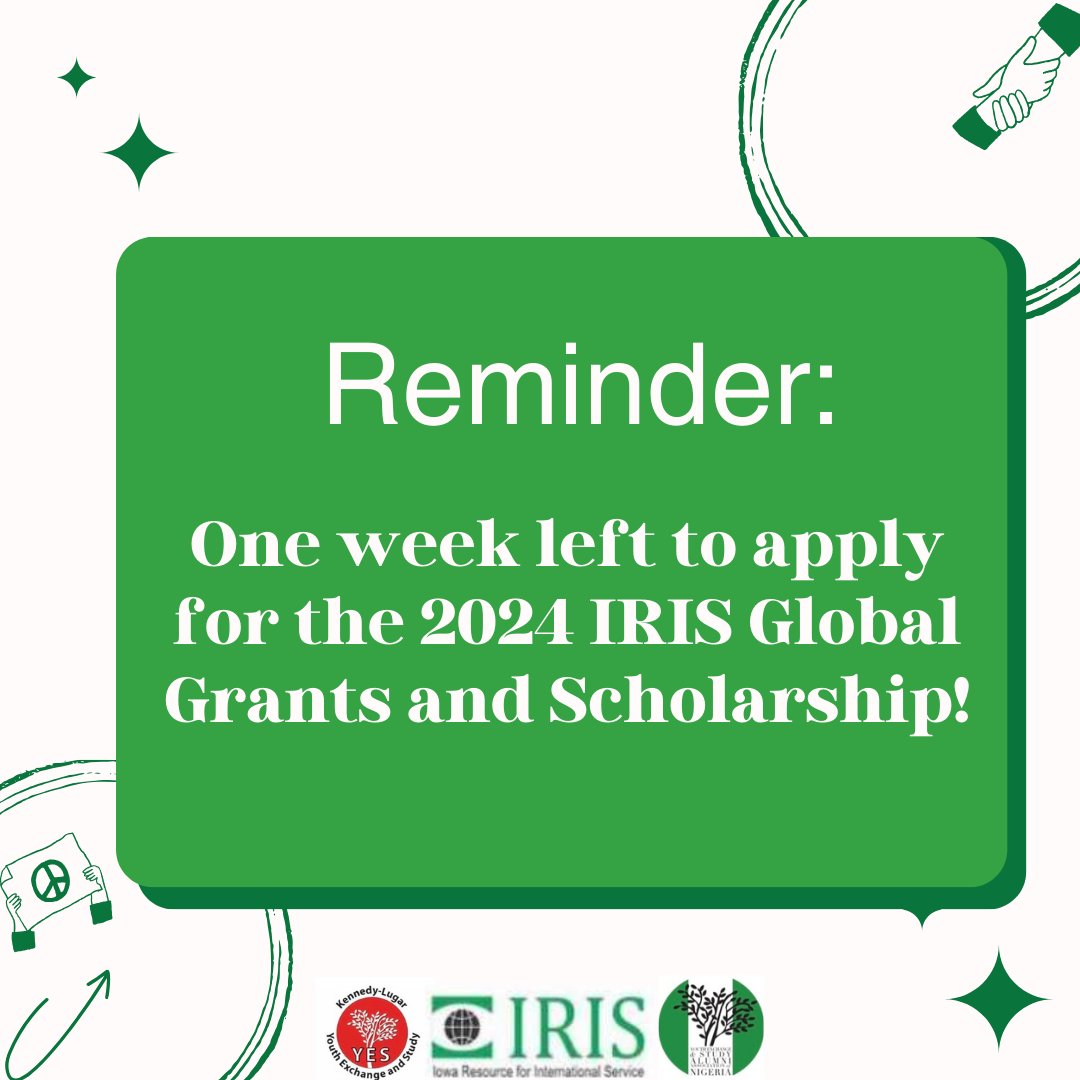 One week left to submit your ‘24 IRIS Global Grants and Scholarship application! Go to: iris-center.org/global-grants-… to submit your application. #yaanigeria #iriscenter #klyes