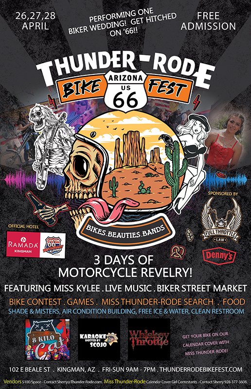 facebook.com/reel/164073503…
Thunder-Rode BikeFest thunderrodebikefest.com April 26-28 is Bringing Bikes, Beauties, & Bands to Kingman +vendors, a swap meet, & more. 102 E. Beale St, Kingman. FMI: 928-542-6059, bikefest@thunder-rode.com #ThunderRodeBikeFest #AZRiderSW