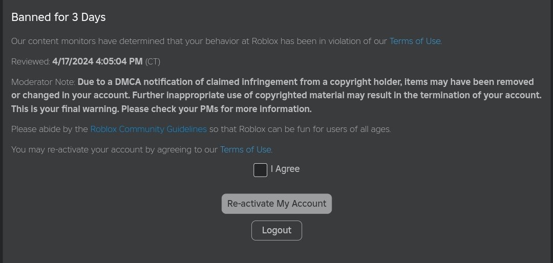 Place your bets.

When will my Roblox account be deleted because of a 2D Shirt that is already deleted?

#Roblox