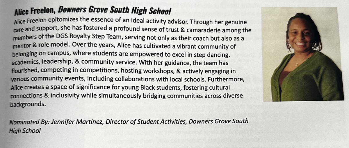 It’s a pleasure to recognize Ms. Alice Freelon! She is an outstanding Activity Advisor and @DownersSouth is better because of her! We are so lucky to have her serve as our Royalty Step Team Coach! Ms. Freelon, You are AMAZING! @IDSA_activities #youbelonghere #dgspride