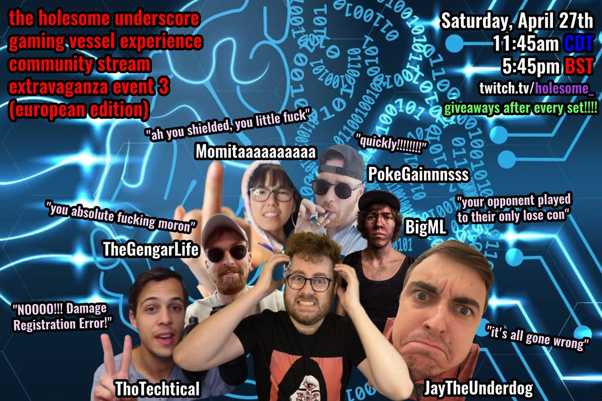 Announcing the holesome_ gaming vessel experience community stream extravaganza event 3 (european edition)!!!!  

We'll be bringing on six of Europe's most beloved Pokemon GO content creators (and dear friends of the stream) to autopilot me in GO Battle League. 

Each guest gets