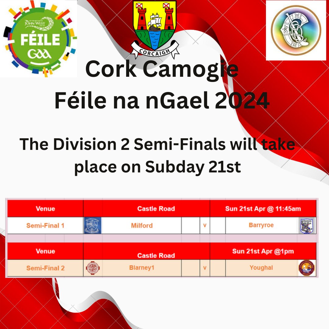 Best of luck to @MilfordGAA @BarryroeGAAClub @BlarneyGAA & @YoughalCamogie in the Division 2 Semi Finals tomorrow.