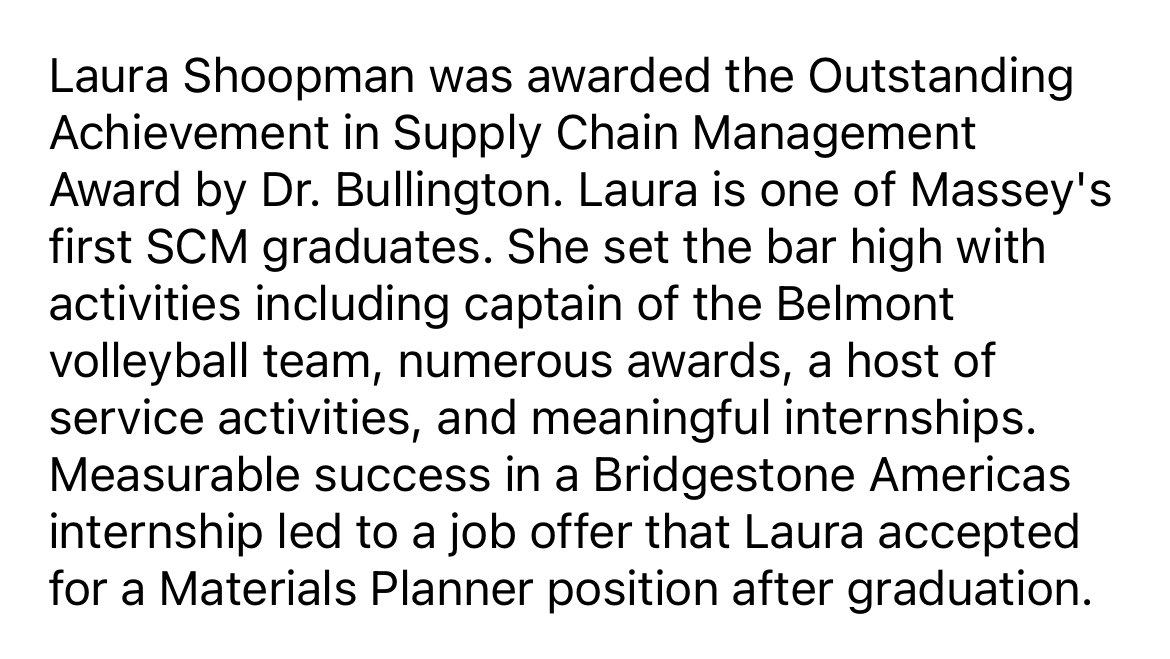 Congratulations to Alumni, Laura Shoopman. Laura was awarded the Outstanding Achievement in Supply Chain Management Award by Dr. Kimball Bullington.