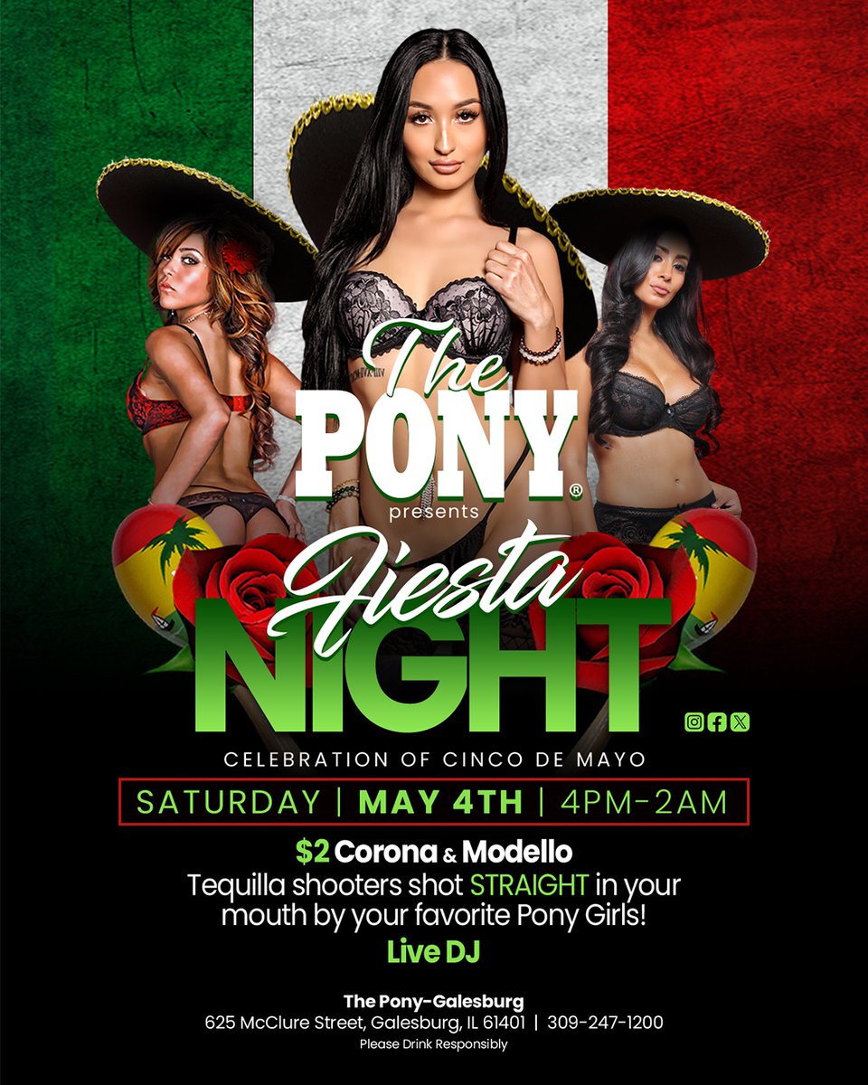 🎉🌮🍹 Join us for a fiesta at The Pony Galesburg on May 4th! 🎉🌮🍹 Celebrate with us and enjoy $2 Coronas & Modelos all night long! 🍺 Plus, our Pony Girls will be serving up tequila shooters straight into your mouth! 🥃 Don't miss out on the party of the year at The Pony ...