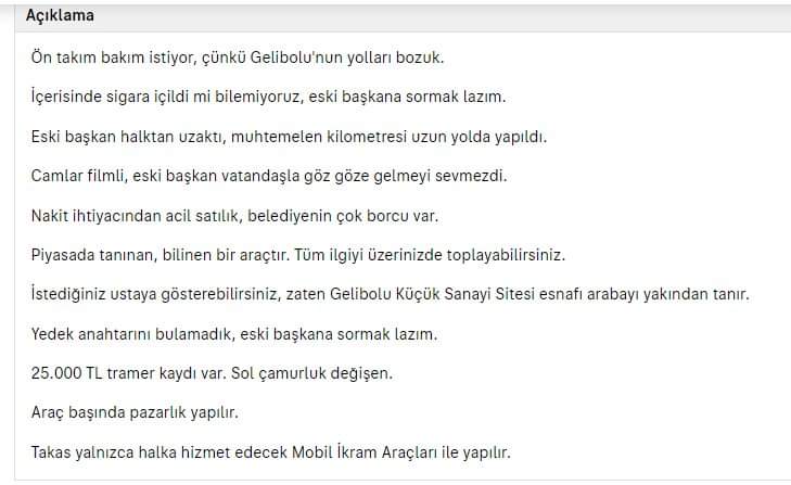 'Nakit ihtiyacından acil satılık, belediyenin çok borcu var' 45 bin nüfuslu Gelibolu Belediyesinin yeni başkanı Ak Partili Soyuak, yüklü borçları ödemek adına, eski başkan CHP'li Özacar'ın 2020 model A6 Sedan 2.0 TDI Quattro makam aracını 3.3 milyon TL'ye satışa çıkardı.