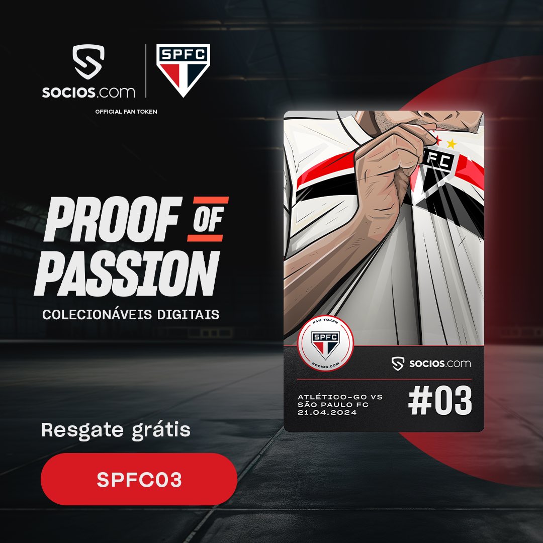 Bora de Colecionável Digital #ProofOfPassion #3, tricolor! Resgate grátis a cada rodada do Brasileiro e concorra a prêmios! 👉 Antes da partida começar, acesse provesuapaixao.com.br e insira o código da imagem abaixo. #ProveSuaPaixão | @SociosBrasil