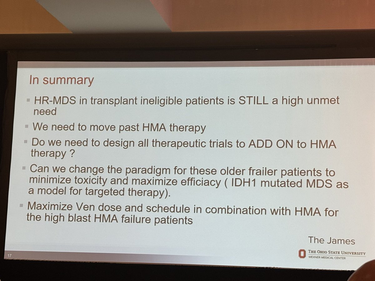 #MostChallengingTopic of the Day!! @beatalleukemia elegantly elucidates her futuristic approach and strategy to transcend #conventionalHMA therapy in Higher-risk MDS @OSUCCC_James @_MDEducation MDS US FOCUS Meeting!! 👏👏🎊🎊