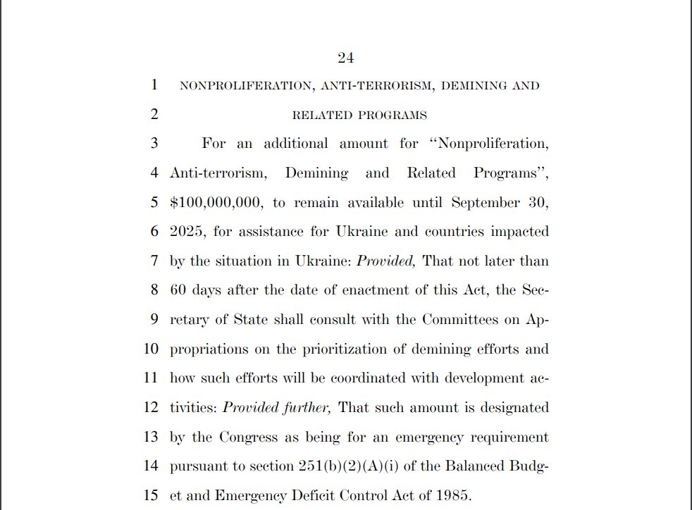 The Ukraine Aid bill includes:

-$300 million for Department of State 'International Narcotics Control and Law Enforcement' programs. 

-$100 million for ‘‘Nonproliferation, Anti-terrorism, Demining and Related Programs’’

But remember. We're just sending bullets!