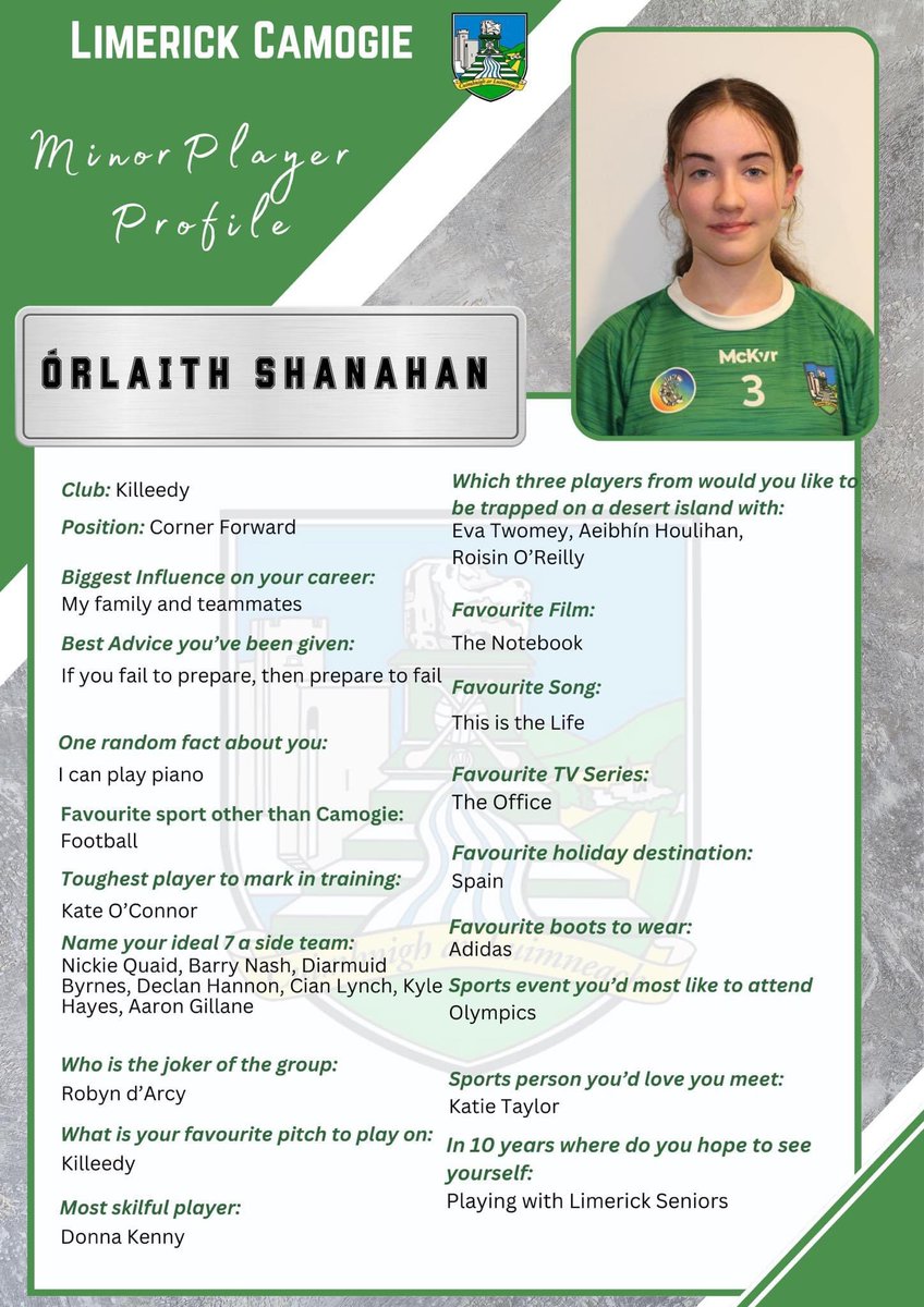 ➡️ Electric Ireland Minor Championship Semi Finals - 🇳🇬 @LimCamogie 🆚 Dublin. Wishing Órlaith the very best of luck tomorrow in the Minor Championship All Ireland semi finals in The Ragg @ 2pm Go n-eirí leat Órlaith 🙌🏼💙💚 #CillÍdeAbú