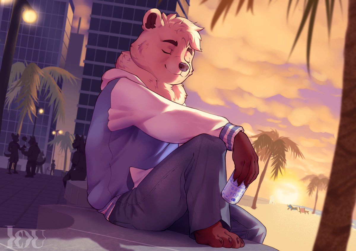 ✦ ⋆ Illustration Commission for @_wulfre ⋆ ✦ Enjoying the warm summer breeze on the beach during a sunset with a soda in hand 🌅📷 🐻