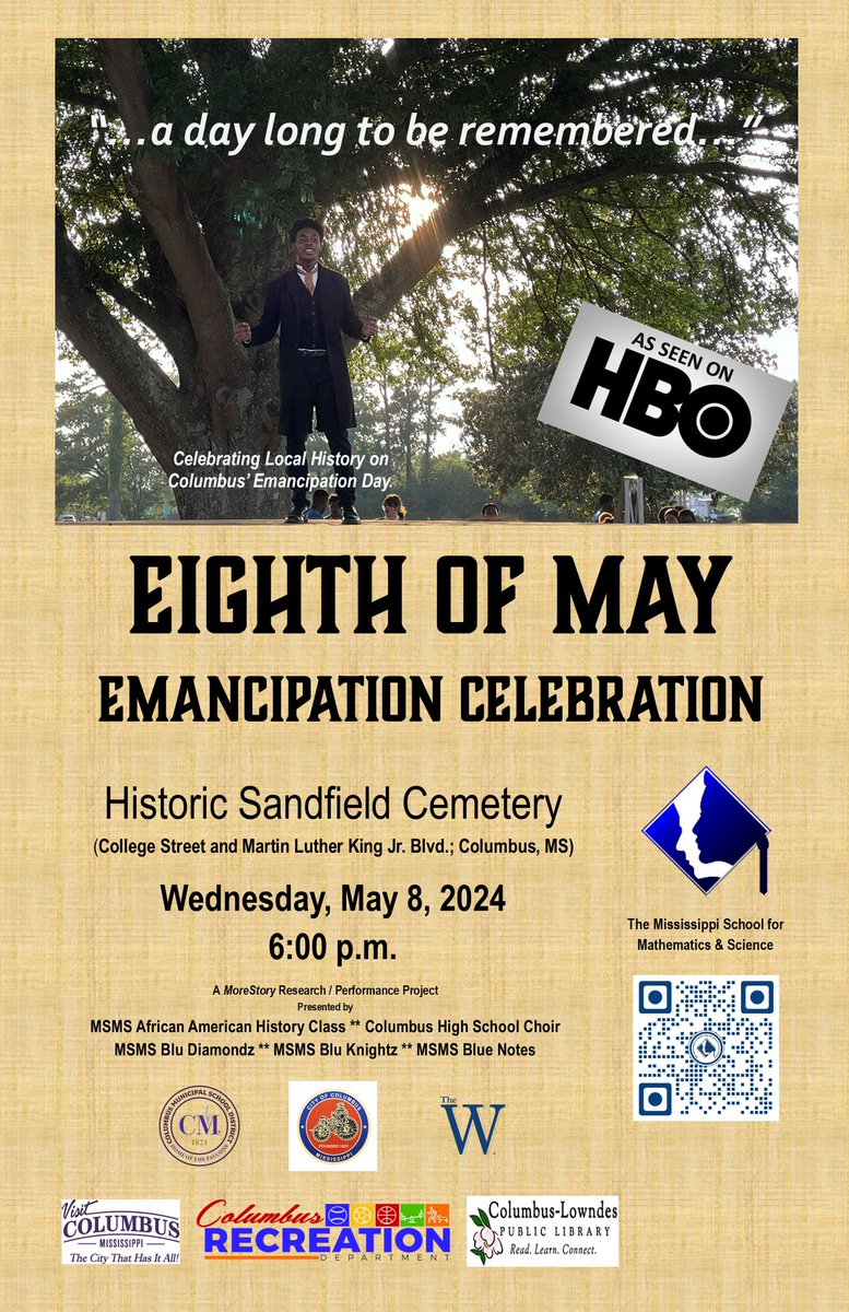 Please mark your calendar and plan to join @msmsbluewaves students and the Columbus High Choir on May 8 @ 6pm in Columbus’ historic Sandfield Cemetery! #MoreStory #EighthofMay #Emancipation