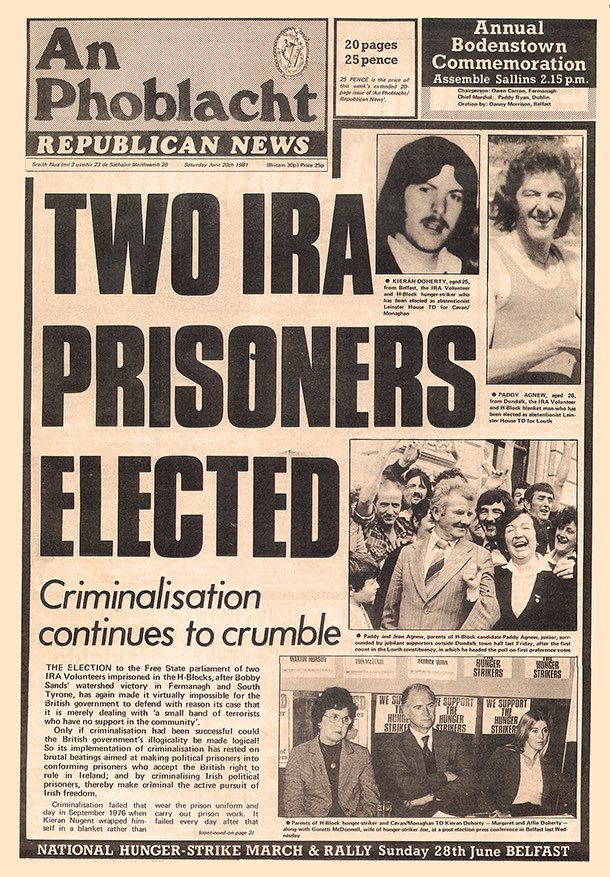 Cothrom an lae 1981. “We wish to be treated 'not as ordinary prisoners,' for we are not criminals. We admit no crime - unless, that is, the love of one's people and country is a crime.” - Bobby Sands, Irish Republican Army.