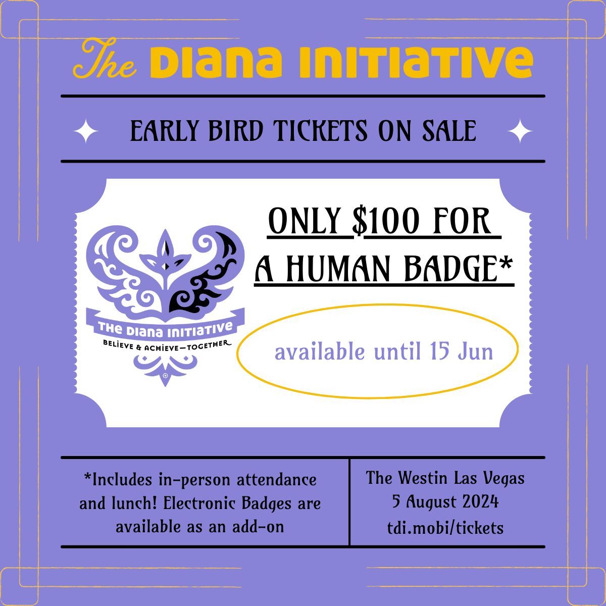 Tickets for #TDI2024 are on sale now! Things to know - Early bird price of $100 until June 15! - Lunch included - Limited edition e-badge add-on! - Student discounted tickets - Only $49! - Free tickets for veterans available! buff.ly/48GKwIy #LiftWhileYouClimb