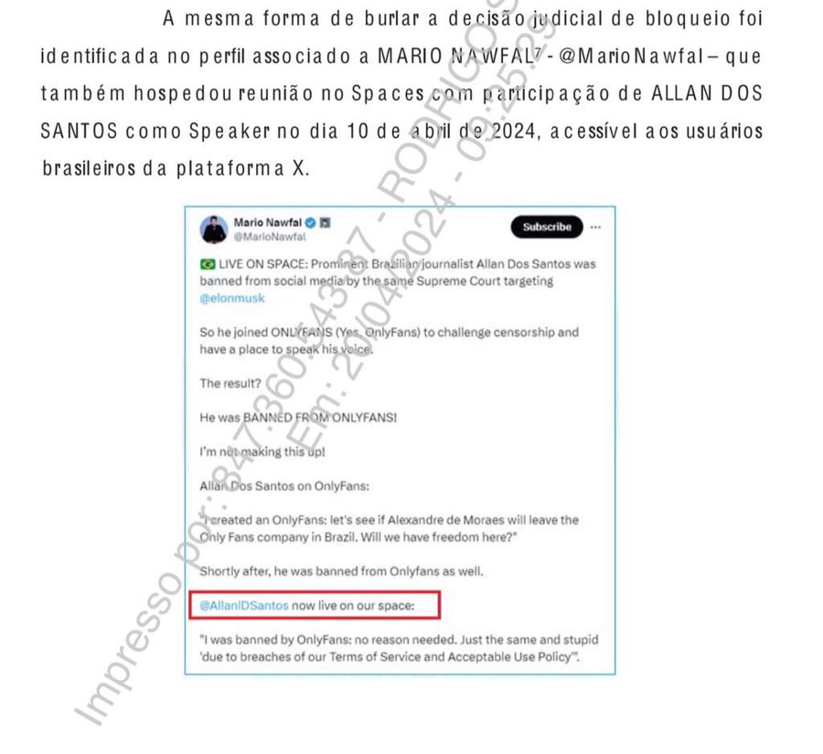 MarioNawfal's tweet photo. 🚨🇧🇷BREAKING: BRAZILIAN GOVERNMENT GOING AFTER ME IN THEIR WAR AGAINST ELON

The Federal Police of Brazil have allegedly accused me (specifically listed) of bypassing a Brazilian Supreme Court judicial decision by hosting discussions on Spaces with individuals whose profiles are blocked in Brazil. 

On April 10, Allan dos Santos joined our Space on X, discussing Brazilian Court overreach and their war against Free Speech, Elon and X. 

By moderating and hosting, I allegedly made the Space accessible to Brazilian users despite existing restrictions.

I am not a Brazilian Citizen, I did not host the Space in Brazil, yet they still target me in their attempt to bring down Elon.

Ridiculous
