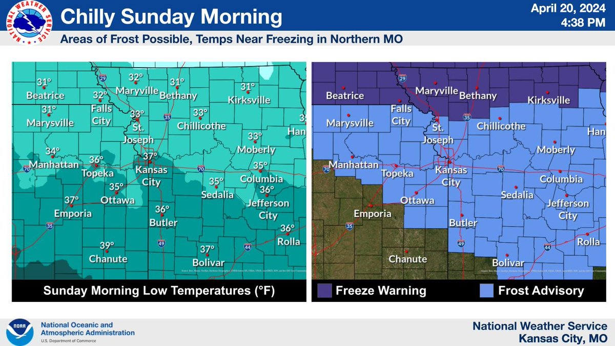 Chilly Sunday morning ahead! Temps: lower 30s Nrn MO, middle 30s S of I-70. Some areas in far N MO may hit upper 20s. Freeze Warning for N MO (N of Hwy 36), Frost Advisory along and S of Hwy 36.