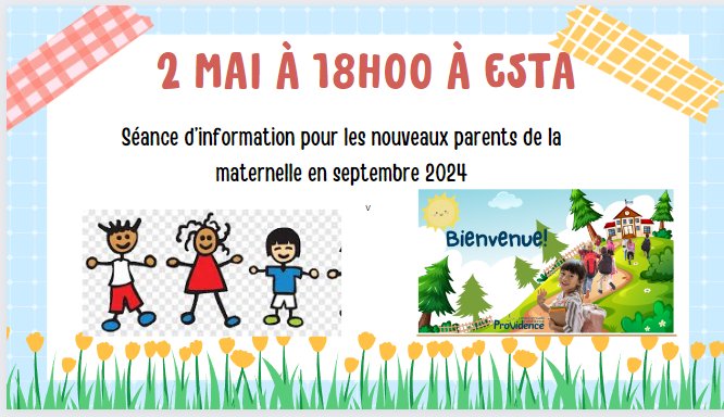Chers parents des élèves de la maternelle (septembre 2024). Une séance à ne pas manquer. Il y aura une présentation des programmes de l'école, des ateliers pour les jeunes futurs faucons, une tournée et un festival du livre.