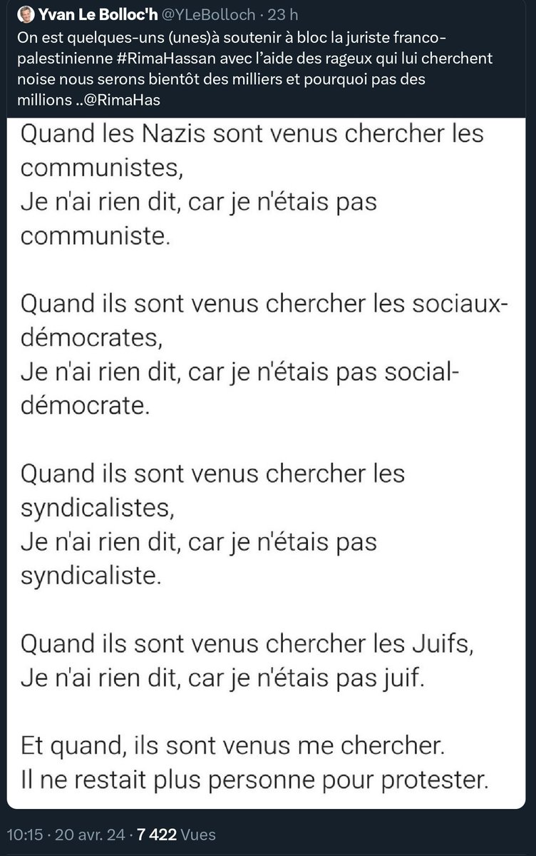 Halte à la Connerie (@halteconnerie) on Twitter photo Il en faut en effet des bollocks <a href="/YLeBolloch/">Yvan Le Bolloc'h</a> pour détourner le poème du pasteur Niemöller au profit de Rima Hassan. Pasolini avait prédit ce genre de tweets il y a 50 ans: "le fascisme peut revenir sur la scène à condition qu'il s'appelle antifascisme" Il en faut en effet des bollocks <a href="/YLeBolloch/">Yvan Le Bolloc'h</a> pour détourner le poème du pasteur Niemöller au profit de Rima Hassan. Pasolini avait prédit ce genre de tweets il y a 50 ans: "le fascisme peut revenir sur la scène à condition qu'il s'appelle antifascisme"