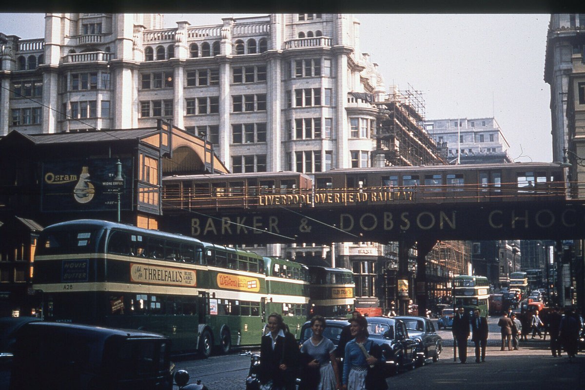 In 1893..The world's first electric elevated urban railway was the Liverpool Overhead Railway. Photo at the bottom of Water Street in 1955