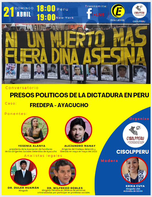 ‼️🛑CISOLPPERU invita al conversatorio Presos Politicos de la Dictadura en Peru. Caso Fredepa
Domingo Abril 21, 18:00 hr de Peru, 19 hr de New York
#PeruEnDictadura, #PedroCastilloLibertad, #peru, #SOSPERU