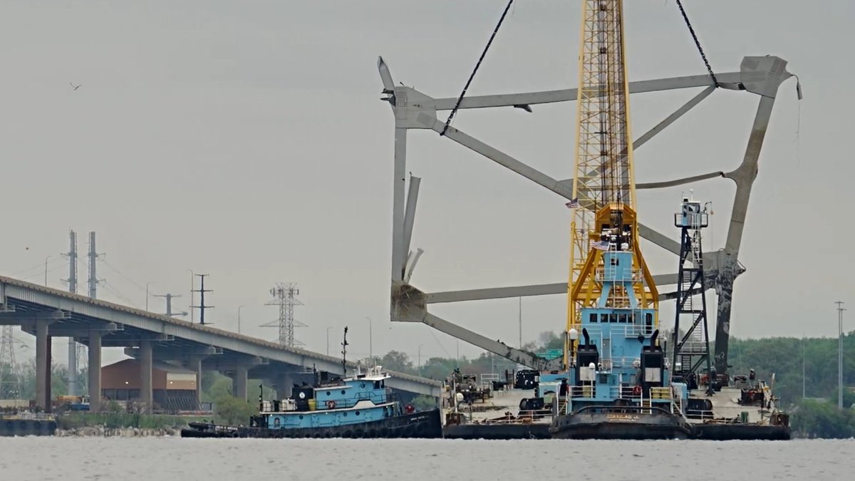 Half section of the Francis Scott Key Bridge truss.  

Top of the bridge is on the left in photo. 

Looks to have been extracted from the mudline. 

Chesapeake 1000 doing great work.