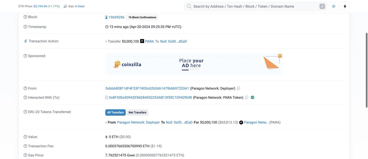 NetworkParagon's tweet image. More great news for Paragons! We've just burned 5% of the $PARA supply as a testament to our unwavering commitment to this project. And guess what? We'll keep burning until Mainnet is ready!

etherscan.io/tx/0xb224ffc9c…