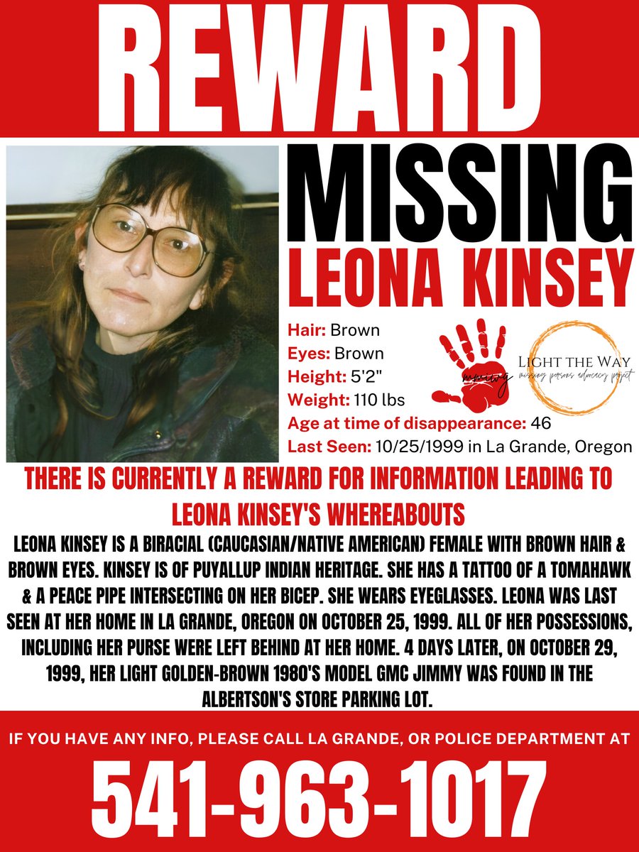 #MissingPosterMonday #LeonaKinsey #Oregon #MondayMotivation #Missing #MissingPerson #Unresolved #MMIW #MMIWG #Reward