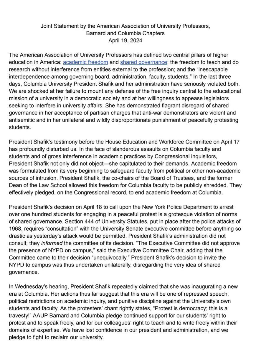 A stunning statement from the American Association of University Professors, Barnard and Columbia Chapters. “We have lost confidence in our president and administration, and we pledge to fight to reclaim our university.” drive.google.com/file/d/1rciMXc…