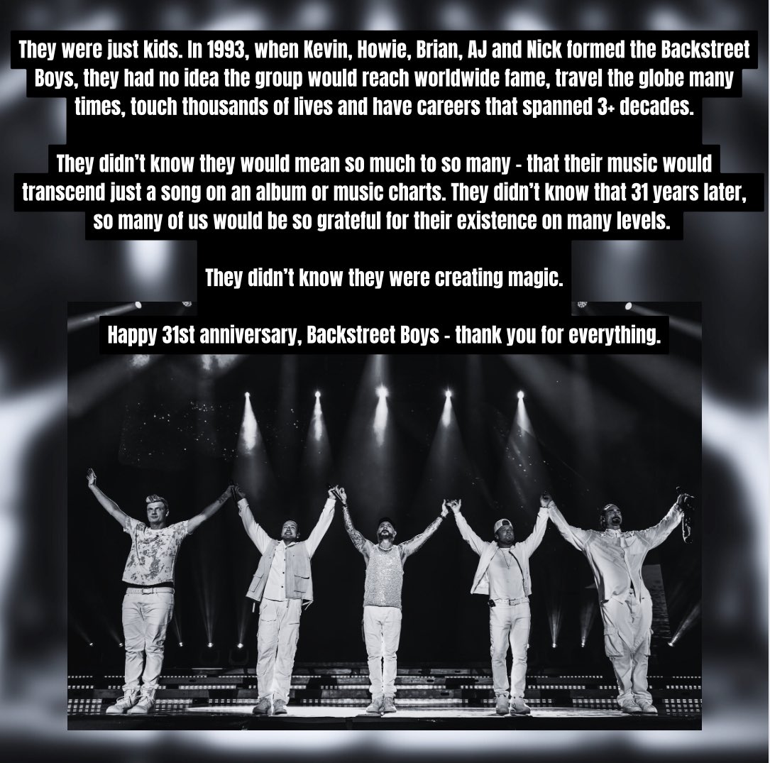 WHOTheBckstreet's tweet photo. Happy 31st, @kevinrichardson @howied @nickcarter @brian_littrell and @aj_mclean ❤️

#BSB31 https://t.co/YWntavbvTk