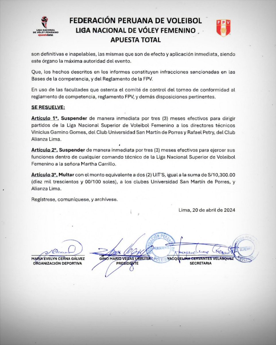 Vinicius Gamino (San Martín) y Rafael Petry (Alianza Lima) han sido sancionados con 3 meses sin poder dirigir a sus equipos por la Liga Nacional de Vóley Femenino. La FPV hizo oficial el anuncio mediante un comunicado de prensa. Ambos entrenadores no podrán estar presentes este