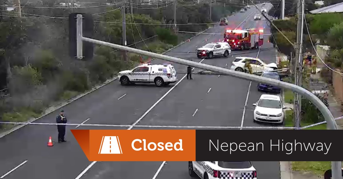 The Nepean Highway is closed for a stretch between Edithvale Road and Station Street, due to a car hitting a pole near Bayview Avenue, Aspendale. The scene is under control of @VictoriaPolice. @FireRescueVic are attending. Station Street is a good alternative. #victraffic