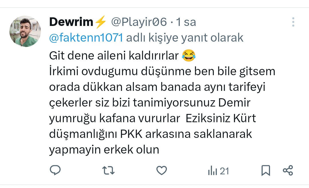 Ankara Haymana da yaşayan bir bölücü PKK destekçisi kğrt.. Türkiye Cumhuriyeti Devleti'nin kurucu Başbuğ'u Mustafa Kemal Atatürk'e ve Devlete söven, PKK'yı öven twitleri halen duruyor? Türk Milliyetçilerini aldığınız hızda bu soysuzu da almanızı bekliyoruz! @TC_icisleri
