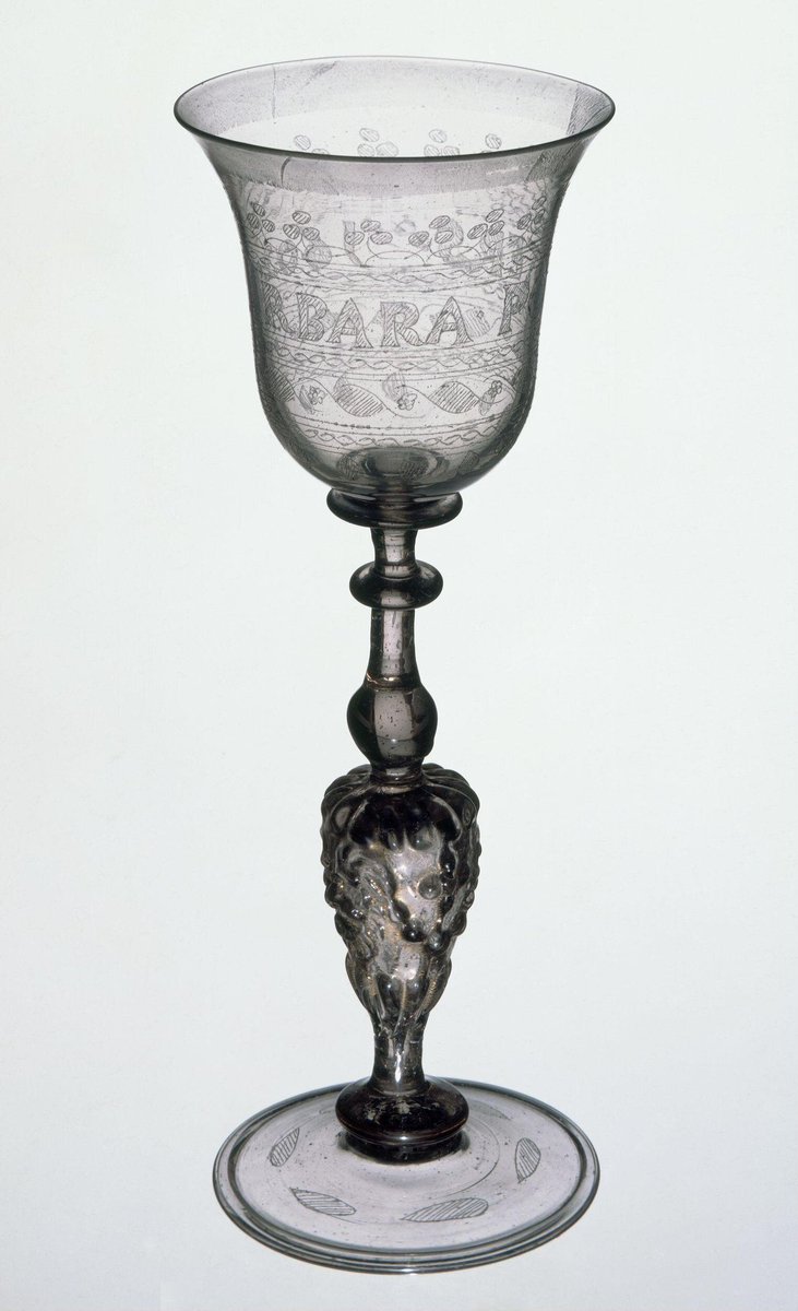 Wine glass, inscribed 'Barbara Potters 1602' Made in the Netherlands or London possibly in the factory of Sir Jerome Bowes. (Victoria & Albert Museum, London)